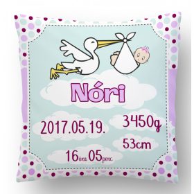 Lila gólyás megérkeztem párna